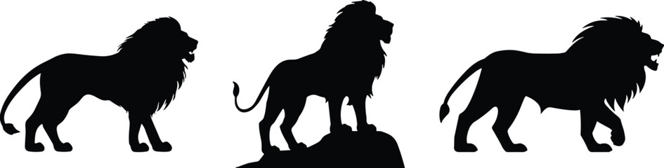 Set of black lion silhouettes in powerful poses, including standing, roaring, and dominant stances for wildlife and design themes
