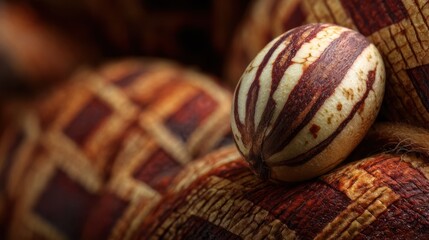 Close up of an exotic fruit with striped patterns and textured background