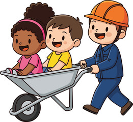 Happy children riding in wheelbarrow pushed by construction worker, cartoon style outdoor play teamwork fun joyful multicultural activity illustration