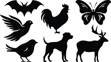 Set of black silhouette icons of various animals including bat, bird, butterfly, dog, deer, and rooster for design