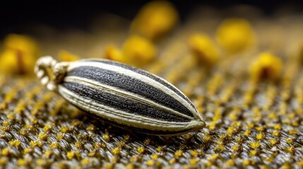 Detailed close up of a single sunflower seed with striking texture