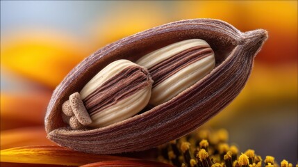 Close up of cardamom pod with seeds against a blurred colorful background