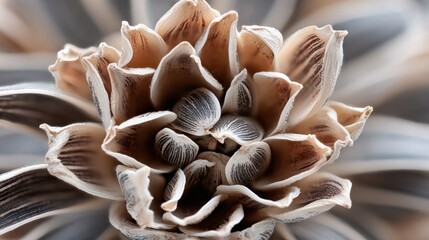Close up of a brown and white flower with delicate petals and soft focus