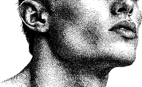 Detailed dotwork stippling illustration of cheekbones and collarbone in halftone effect