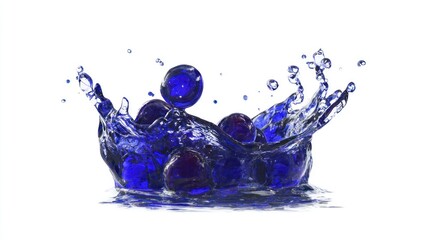 Vibrant splash of deep blue liquid around several spherical objects on white