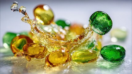 Colorful glass pebbles with splash in vibrant sunlight macro photography
