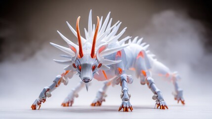 White creature illustration with orange accents and sharp details