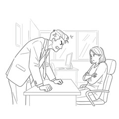 simple vector sketch illustration of a Man yelling at woman in office setting with tense atmosphere  