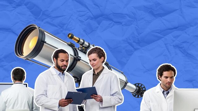 Astronomical observatory station with scientists busy astronomers. Concept of astronomy. Empty space for text. Stop motion animation on blue paper background
