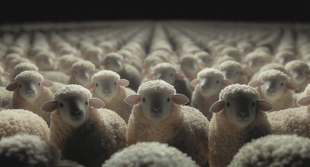 Close-up of a large herd of white sheep with woolly fleece in a dimly lit environment