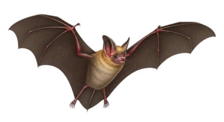 Isolated Brown Bat flying with its wings spread, perched and standing up ready to fly away