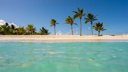 Obraz premium Tropical beach with palm trees and clear blue ocean
