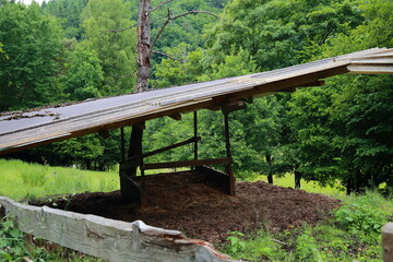 Fototapeta premium Rural livestock feeder structure with organic compost in temperate forest zone