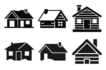 winter cabin silhouette christmas vector icon set