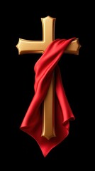 Golden Cross: A gold cross draped with a vibrant red cloth, symbolizing faith, sacrifice, and devotion against a stark backdrop, evoking reverence and contemplation.