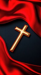 Golden Cross on Luxurious Silk: A radiant gold cross rests gently upon a backdrop of rich, crimson silk, the light playing across its surfaces to enhance the sense of sanctity and grace.
