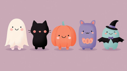 Kawaii style Halloween characters, friendly ghost, smiling pumpkin, cute black cat, happy bat, playful witch, flat design vector illustration, pastel color palette, orange purple and teal, clean lines
