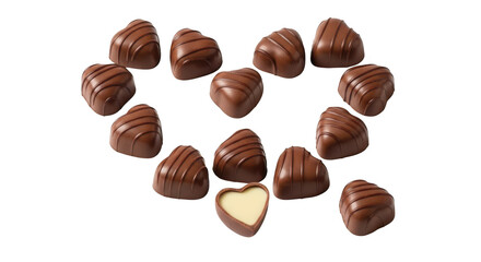 Fototapeta premium Heartshaped chocolates arranged in a heart shape on a transparent background, one chocolate cut in half revealing a creamy filling