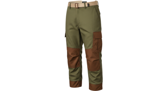 Isolated mens olive cargo pants with belt and brown knee patches outdoors workwear