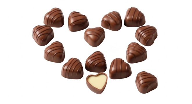 Heartshaped chocolates arranged in a heart shape on a transparent background, one chocolate cut in half revealing a creamy filling