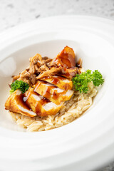 Grilled chicken breast with sauce served over rice, garnished with crispy onions and parsley on a white plate. Elegant food presentation suitable for restaurant or fine dining.
