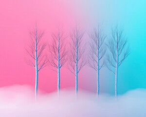 Obraz premium Dreamy pastel forest covered in soft fog, surreal and colorful fantasy