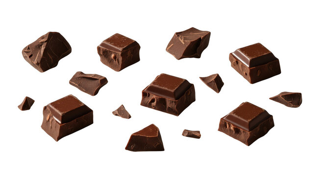 Several pieces of dark chocolate broken into chunks and scattered on a transparent background, isolated on transparent background