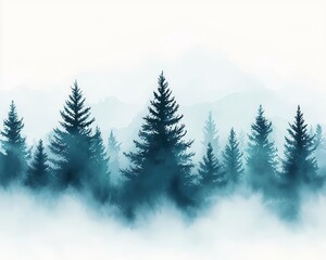 Fototapeta premium Soft watercolor effect of pine trees in mist, elegant and artistic tone