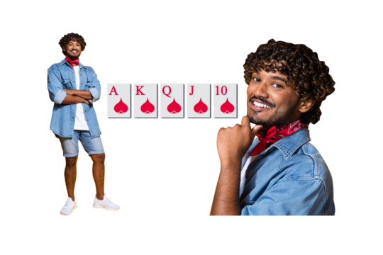 Composite photo collage of happy mexican man poker player game bet cards combination poker success isolated on painted background