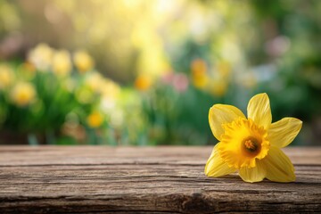 Spring Bloom on Wooden Surface: A single, vibrant daffodil rests gracefully on a rustic wooden surface, illuminated by the soft, natural light of a sunny spring day.