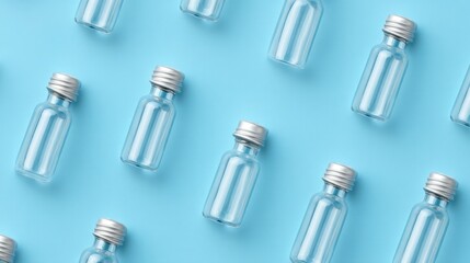 Naklejka premium Clear Glass Bottles with Metal Caps Arranged on a Blue Background Ideal for Packaging, Storage, and Creative Projects in Various Industries
