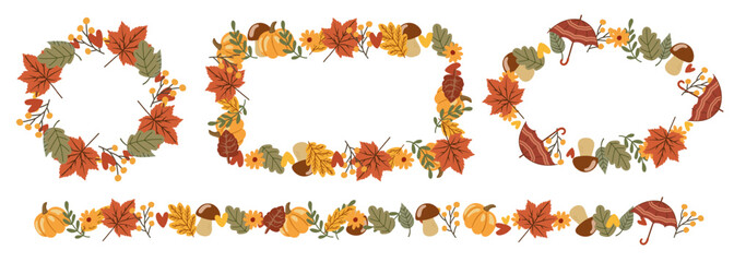 Autumn vector frame set. Hand-drawn doodle borders, autumn leaves, pumpkin, flowers. arranged in a circle for stickers, banners, cards, announcements. Vector flat isolated on white background.
