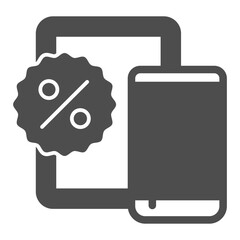 Tablet and smartphone with sticker solid icon, cyber monday concept. Vector graphics. Discount for sale, technology sign on white background, glyph style icon for mobile or web design.