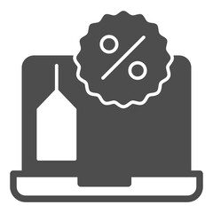 Laptop with sticker and price tag solid icon, cyber monday concept. Vector graphics. Notebook computer with discount sign on white background, glyph style icon for mobile or web design.