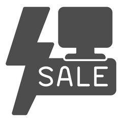Lightning bolt with text and monitor solid icon, cyber monday concept. Vector graphics. Displays big sale, poster sign on white background, glyph style icon for mobile or web design.