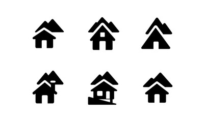 Minimalist mountain cabin icons in black silhouette design