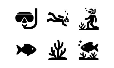 Obraz premium Diving adventure icons: snorkeling, underwater exploration, marine life silhouettes