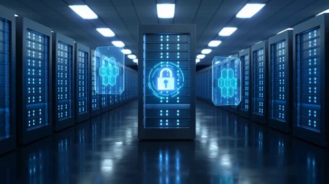 Secure server room glowing lock icon cybersecurity protecting data center infrastructure digital network security rack protection and resilient