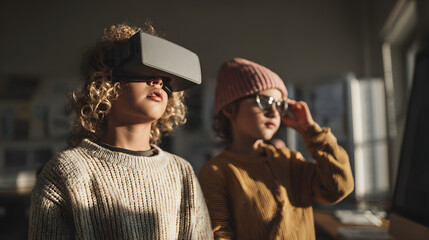 Children exploring virtual reality with VR headset and sunglasses