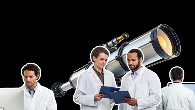 Astronomical observatory station with scientists busy astronomers. Concept of astronomy. Empty space for text. Smooth animation on transparent background