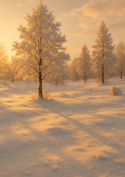Serene snowy landscape sunset