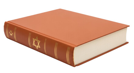 Isolated brown hardcover book, Judaica and Jewish literature with religious symbols in gold foil