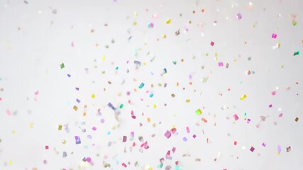 Colorful confetti cascades gracefully from above, filling the frame with vibrant hues, creating a festive atmosphere and celebrating joyous moments in motion