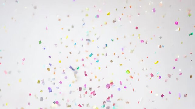Colorful confetti cascades gracefully from above, filling the frame with vibrant hues, creating a festive atmosphere and celebrating joyous moments in motion