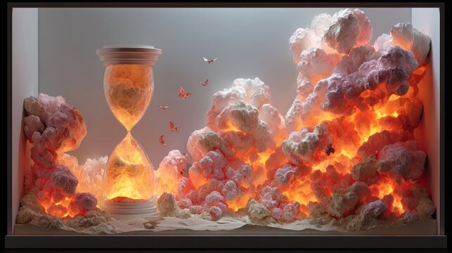 Surreal hourglass scene with cloud like structures and intense lighting