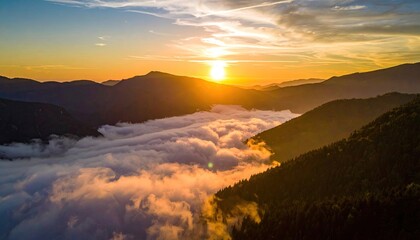 Golden Hour Panoramic Mountain Landscape with Layered Peaks Sunlight and Soft Clouds