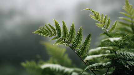 Fern frond with water droplets in a misty forest