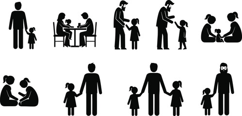 Set of eight black silhouette illustrations showing adult and child interaction scenes including talking, playing, sitting, and walking together