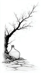 Artistic ink sketch of a bare tree beside a potion bottle, representing nature's mysteries and ancient wisdom with copy space