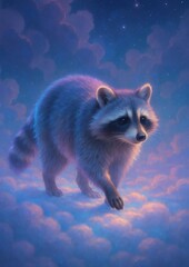 Obraz premium Raccoon walking dreamy clouds